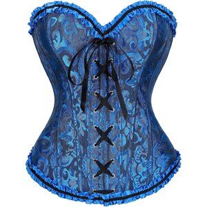 Women's Black/Blue Lace up Boned Bustier Floral Overbust Corset for Halloween